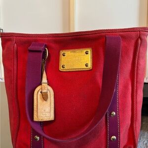 Authentic Louis Vuitton Antigua Cabas MM Tote Bag-Red Canvas